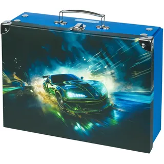 Baagl Kinderkoffer für Spielzeug und Schulbedarf, Pappkoffer, Spielzeugkoffer, Spielkoffer, Faltbarer Kinder Koffer, Faltkoffer, Klappkoffer mit Metalgriff (Rennauto)