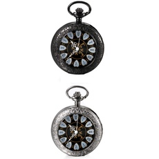JewelryWe 2pcs Retro Handaufzug Mechanische Taschenuhr Vintage Blumenmuster Römische Ziffern Taschenuhren Uhr mit Kette und Geschenkbox, Schwarz Silber