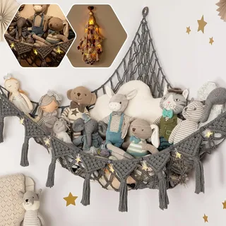 JanYoo Spielzeug Aufbewahrungs Kuscheltier,Großformat Aufbewahrung Netz Kinderzimmer Hängend Spielzeug Organizer Boho Makramee Stofftier Hängematte mit LED-Lichterkette für Kuscheltiere, Grau