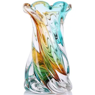Handgefertigte Kunstglas-Skulpturvase, schwer, mit großer Öffnung, Wirbel-/Tropfenform, Blumenvase im Murano-Stil für die Wohnraumgestaltung, Moderne petrolfarbene/bernsteinfarbene (Teal Bernstein)