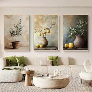 TROYSINC 3er Mediterrane Pflanze Bilder Set, Aesthetic Oliven Zitrone Poster Vintage Topfpflanze Wandbilder Wohnzimmer, Italien Griechenland Wanddeko, ohne Rahmen (B,30x40cm)