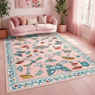 CAROMIO Schmetterlings Teppich Kinderzimmer 120x170 cm Kurzflor Altrosa