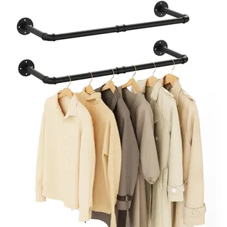Yawinhe 80cm Kleiderstangen für die Wand,2 Pack Garderobenstangen,Schwarz | Industrieller Rohr-Kleiderständer zur Wandmontag;Kleidergestell für Zuhause;Platzsparend Küchenregal; Wandhalterung Kleidung