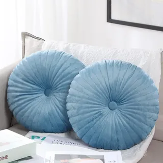 2 Stück Runde Kissen 35 cm Dekorative Runde Samt Bodenkissen Kleine Kürbis Kissen für Wohnzimmer Schlaf Sofa (Blau)