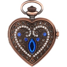 JewelryWe Taschenuhr Damen Vintage Analog Quarz Herz Grün Strass Augen Blumen Muster Uhr mit Halskette Kette Pocket Watch