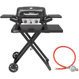 Royal Gourmet Tragbarer 2-Brenner Gasgrill inkl. Grilltisch, 5kW Tischgrill mit separatem Rollwagen, Portabler Tischgasgrill mit Klapptisch für Balkon,Terrasse, Camping Schwarz