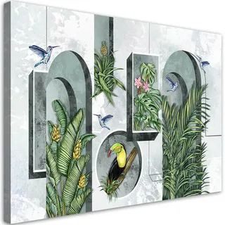 Feeby Wandbild formen in der wand mit pflanzen und vögeln toucan koliber , Silberfarben , Textil , Baum/Pflanze/Natur , Rechteckig , 60x40 cm , Bilder & Rahmen, Bilder, Leinwandbilder
