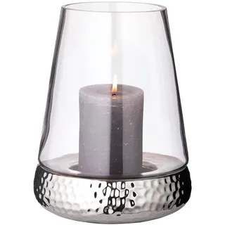 EDZARD Windlicht Kerzenglas Bora, Fuß gehämmert, 2-teilig, Keramik vernickelt und Glas, Höhe 28 cm, Durchmesser 18 cm