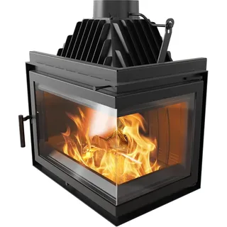 KRATKI Kamineinsatz Kaminofen aus Gusseisen Simple Rechts 15 kW Ø200 Schwarz, Eckkamin EcoDesign BImSchV 2, Holz