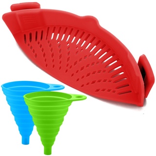 Silikon-Snap-Sieb mit 2 Zusammenklappbaren Trichtern, FineGood Hands-Free Clip-on Hitzebeständiger Colander Pour-Auslauf für Pasta Gemüse-Nudeln Topfschale Pan - Rot