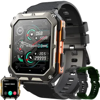 Smartwatch Herren mit Telefonfunktion, 1,81" Touchscreen 5ATM Wasserdicht Sportuhr mit Blutdruckmessung, Herzfrequenz, Schrittzähler, 123 Sportmodi Militärische Fitnessuhr für iOS Android (Orange)