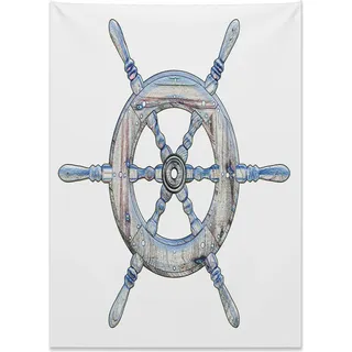 Abakuhaus Nautisch Wandteppich, Holzschiff Rad aus Weiches Mikrofaser Stoff Kein Verblassen Klare Farben Waschbar, 110 x 150 cm, Weiß Blau - Blau