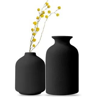 Keramik Vasen-Set of 2 Kleine Vasen Deko Weiße Blumenvasen Modern Rustikale Bauernhaus Home Decor Keramikvase,Dekorative für Pampasgras Grass&getrocknete Blumen (2 Schwarz)