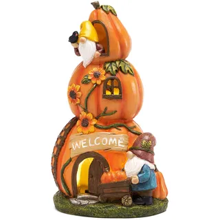 TERESA'S COLLECTIONS Herbstdeko Outdoor,Gartendeko für Draußen, Wetterfeste Kürbishaus mit Solarleuchte, Gartendeko aus Kunstharz,Orange Feenhaus Herbst Dekoration,Geschenke für Frauen 17cm
