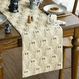Artoid Mode Weich Plüsch Samt Faux Pelz Jacquard Beige Geist Halloween Tischläufer, Küche Tisch Dekoration Drinnen Urlaub Party Dekor 33x153 cm