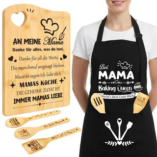 Geschenk für Mama Set, Muttertagsgeschenke Bambus-Holzbrett Personalisierte Schneidebrett mit Schürze & 3 Kochlöffel - Praktisches Geburtstagsgeschenk für Mama, Mutter Geschenke zum Geburtstag