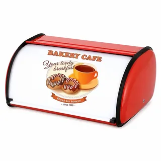 jiuzcare Brotkasten Edelstahl Metall mit Deckel, Brotbox Brotaufbewahrung für Küche, Bread Box Retro Design Weiß Rot, Brotaufbewahrungsbox Brotbehälter, Brotkasten klein, 34,5 x 23 x 14,5 cm, ca. 9 L