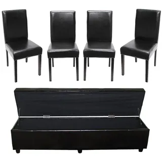 Mendler Garnitur Sitzgruppe Bank mit Aufbewahrung Kriens XXL+4 Stühle Littau, Kunstleder/Leder FSC®-zertifiziert ~ schwarz