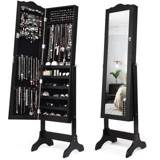 COSTWAY Schmuckschrank, Schmuckregal abschließbar, Schmuck Spiegelschrank mit Ganzkörperspiegel für Make-up, neigungsverstellbar (Schwarz)