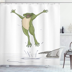 ABAKUHAUS Frosch Duschvorhang, Glückliches Springen Toad Humor, Stoffliches Gewebe Badezimmerdekorationsset mit Haken, 175 x 200 cm, Grün Grau