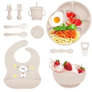 Bizcasa 12 Stück Silikon Baby Geschirrset, Rutschfest Kindergeschirr Set, Kindergeschirr mit Saugnapf, Rutschfest Baby Schüssel,Baby-Teller, Baby-Besteckset für Kleinkinder, BPA Frei (Beige)