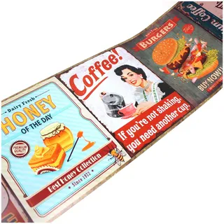 Wandtattoo Selbstklebende Retro Bordüre 2,5m x 18cm Vintage Old School Look Wanddekor Wohnzimmer Wand Küche Wandaufkleber Wandsticker W004 (Nr. 1 Food 1)