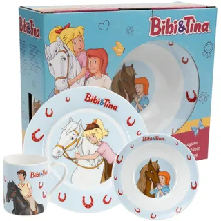 United Labels Bibi & Tina 3-teiliges Geschirrset für Kinder, Blau, Frühstücksset aus Porzellan mit Teller Ø 19 cm, Tasse 220 ml und Schale 330 ml, Kindergeschirr