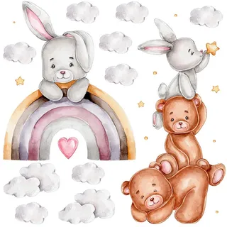 Wallfluent Wandaufkleber 100x168cm - Hasen und Wolken , Multicolor , Kunststoff , Rechteckig , 100x168x0.1 cm , Tapeten & Wandverkleidungen, Wandtattoos & Sticker, Wandtattoos