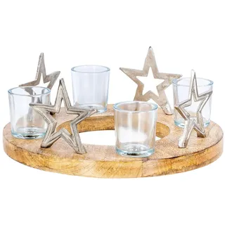 levandeo Adventskranz ø30cm Mango Holz Silber Natur Kerzenhalter Sterne Weihnachten Deko