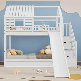 Sweiko Etagenbett mit Treppe und Rutsche, Hausbett, Treppe mit Stauraum, Rahmen aus Kiefernholz und MDF, Kinderbett mit Fenster und Dach, mit Fallschutzgitter und Schublade, Weiß, 90x200cmx2 - Weiß