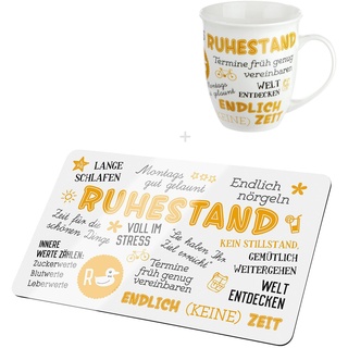 CULT at home Geschenkset Ruhestand Rente - 2 teilig – 1 x Brettchen 1 x Jumbo Tasse Kaffeepot Rentner Tasse – Frühstücksbrett Brotbrett – Geschenk Oma Opa – Brett: 23,5 x 14,5 cm