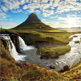 Wallario Outdoor-Poster für Garten oder Balkon, Motiv Island Panorama Fluss Berge und blauer Himmel, in ca. 180 x 180 cm - Schwarz