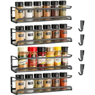 BEZORR Gewürzregal Wand Ohne Bohren aus Metall, 4 Pack Gewürz Organizer mit beweglichen 4 Haken, Gewürzregal Hängend mit kleben und Schrauben für Küchen Wand & Schranktür