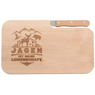 Spruchreif | Brotzeitbrett mit Messer "Jagen ist meine Leidenschaft" – Graviertes Messerbrett aus Holz mit Jäger-Motiv | Geschenkidee für Jäger & Jagdfans