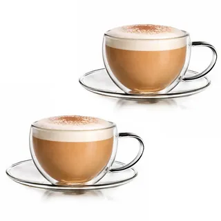 Creano Thermo-Tasse doppelwandige Tee-/Latte Macchiato Cappuccino Tasse mit Untersetzer 250ml, 2er Set