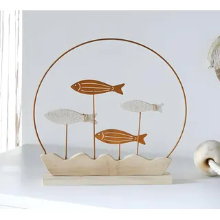 Dekoring "Fischschwarm" aus Metall in Rost Optik & Holz, Metallring mit Fuß zum hinstellen, Dekokranz - Braun