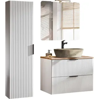 Badezimmer Badmöbel Set matt weiß Rillenoptik ADELAIDE-56-WHITE Spiegel & Waschtisch mit Keramikbecken, Hochschrank - Weiß