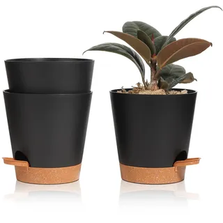 T4U 14cm Blumentopf mit Selbstbewässerung, 3er-Set Blumentopf mit Untersetzer, ideal für Innen- und Balkongärten, Sukkulenten, Kakteen und Pflanzen, Schwarz