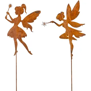 2er Set Gartenstecker L80cm Elfe Rostdeko Märchen Fee Gartendeko Edelrost Deko Garten Metall Metallbild Topfstecker - Braun