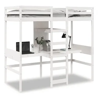 vidaXL Hochbett mit Schreibtisch Ablagen Weiß 90x200 cm Kiefernholz