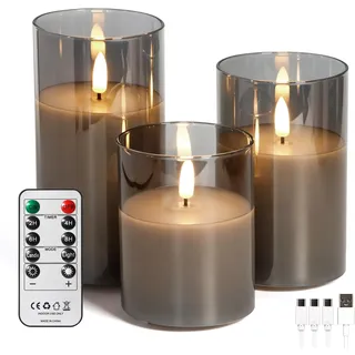 FREEPOWER LED Kerzen Grau Glas 3er Set mit Fernbedienung und Timer – Flackerndes Warmweißlicht, Wiederaufladbar per USB Kabel, Flammenlose Stumpenkerzen Echtes Wachs, Ø7,5x10/12,5/15cm