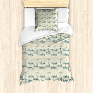 ABAKUHAUS Leuchtturm Mantele, Sommerzeit-Linien, Milbensicher Allergiker geeignet mit Kissenbezügen, 135 cm x 200 cm - 80 x 80 cm, Beige Dunkelblau - Beige