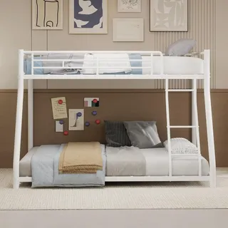 FAVSH Metall-Etagenbett 140x190 cm, L-förmiges Hochbett mit Doppelbett unten, stabiles Bettgestell für Kinder, Jugendliche und Erwachsene, modernes Design mit Sicherheitsgeländer (Weiß)