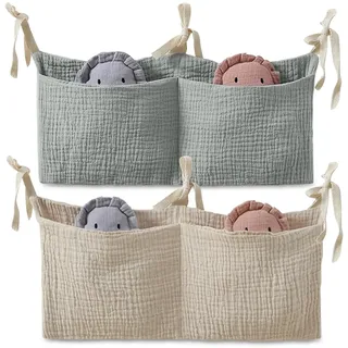 ZOCONE 2 Stücke Babybett Organizer Hängend, 2-in-1 Baby Kinderzimmer Organizer Aufhängen Babybett Verstellbarer Organizer für Windeln Kleidung Spielzeug Hängeorganizer Babybetttasche(Bohnengrün+Khaki)
