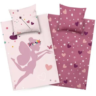 Aminata kids Biber Bettwäsche 135x200 cm Mädchen Fee 100% Baumwolle rosa | Kinder Winter Wende-Bettwäsche-Set Feen-Motiv, Reißverschluss warm & kuschelig