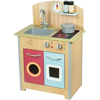 Teamson Kids Küche Klassisch Für Kinder Aus Holz Little Chef Porto Holzküchen-Spielset mit Interaktiven Funktionen & 4 Kochzubehör Natur TD-13595C