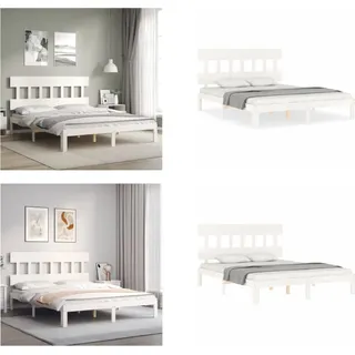 vidaXL Massivholzbett mit Kopfteil Weiß 160x200 cm - Bettgestell - Bettgestelle - Bettrahmen - Bett - Weiß