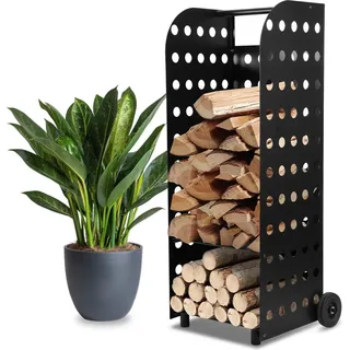 Clanmacy Kaminholzwagen Kaminholzregal 112x42x35cm 60kg Metall XL Kaminholzkorb mit Rollen Schwarz - Schwarz