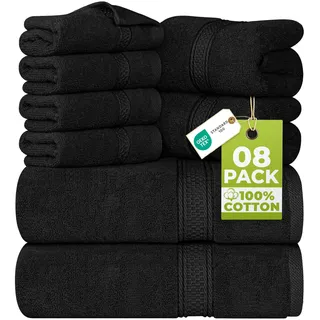 Utopia Towels - 8 teilig Handtücher Set aus Baumwolle mit Aufhänger - 2 Badetuch, 2 Handtücher und 4 Washclappen - (Schwarz)