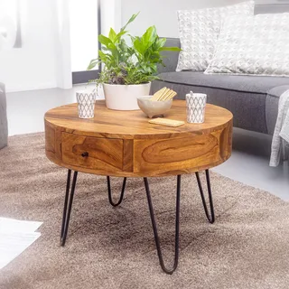 FineBuy Couchtisch Sheesham Massivholz rund Ø 60 cm – Wohnzimmertisch mit Schublade & Hairpin Beinen | Retro Design | handgefertigt - Braun